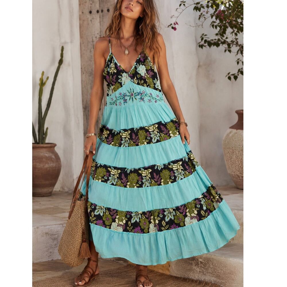 Vintage Y2K Boho Magic Maxi Dress Embroidered Floral Tiered Festival M Cottage